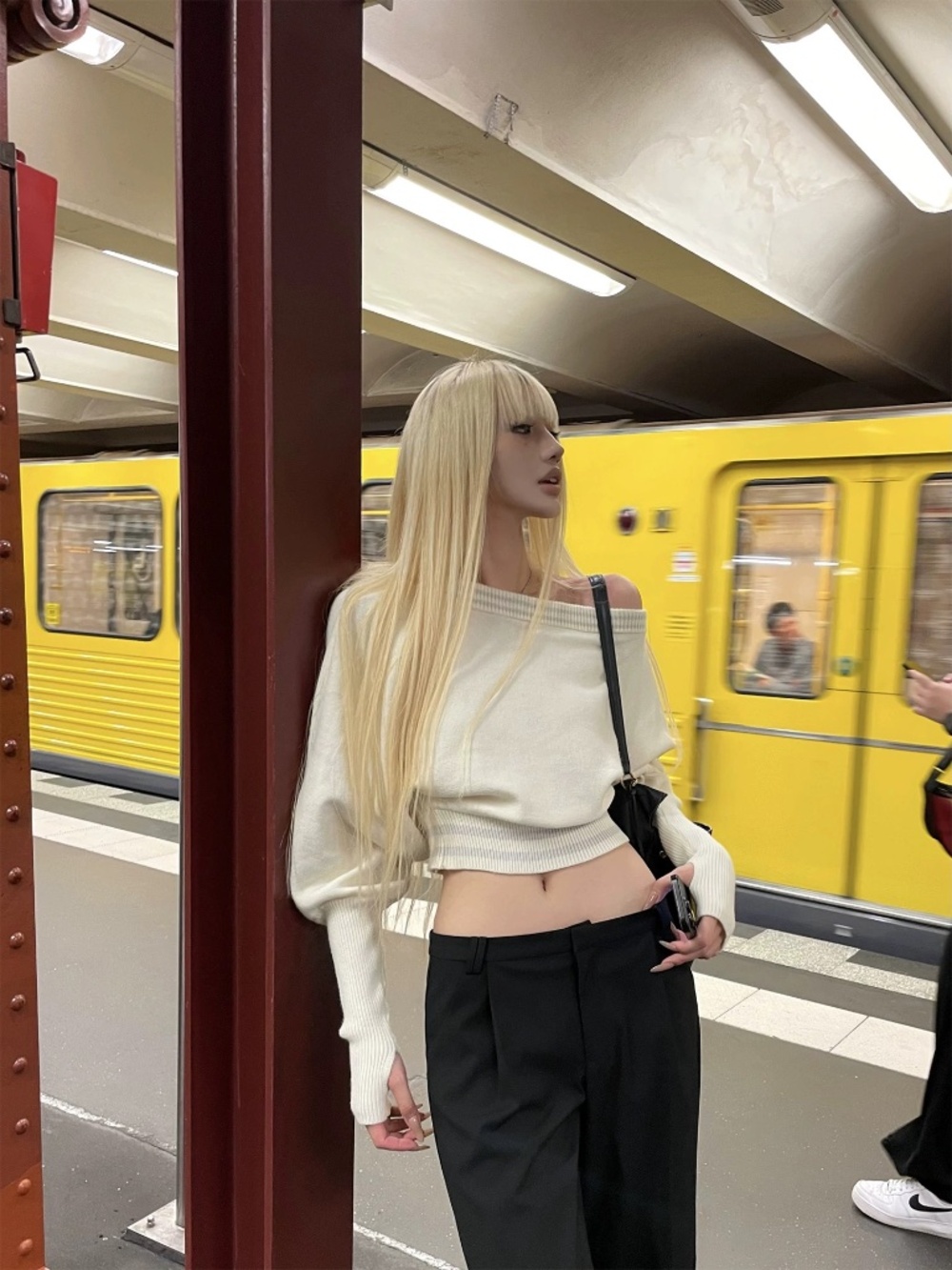 Beige Off-shoulder knit top